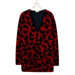 Saint Laurent Paris Red & Black Leopard Heart Print Wool Mohair Cardigan XS